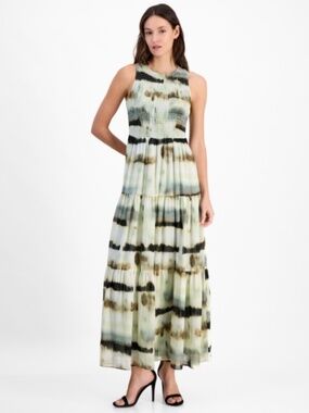 Anne Klein Women's Printed Smocked-Bodice Tiered Maxi Dress Size S NWT